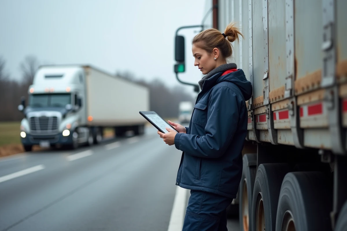 Conductrice de poids lourd consultant une liste de contrôle d'arrimage du fret sur une aire de repos autoroutière
