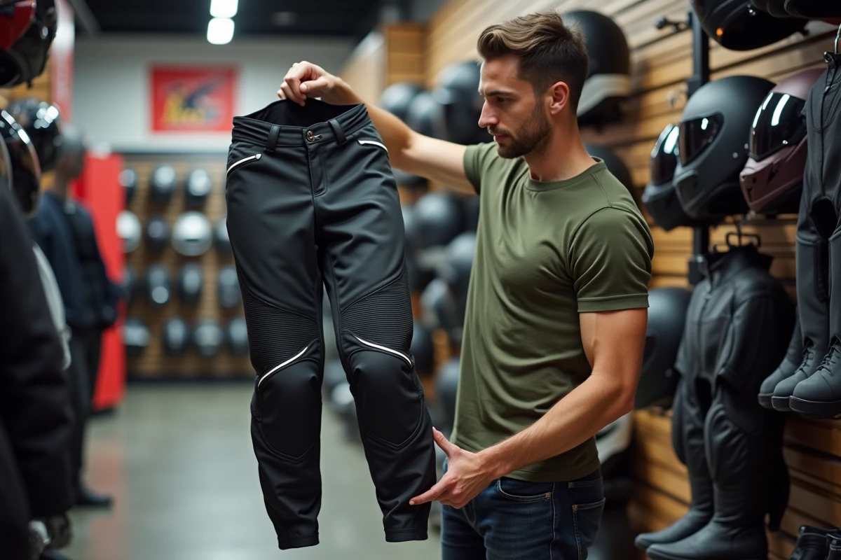 Homme choisissant un pantalon moto avec protections dans une boutique spécialisée, cadeau moto homme confort et sécurité
