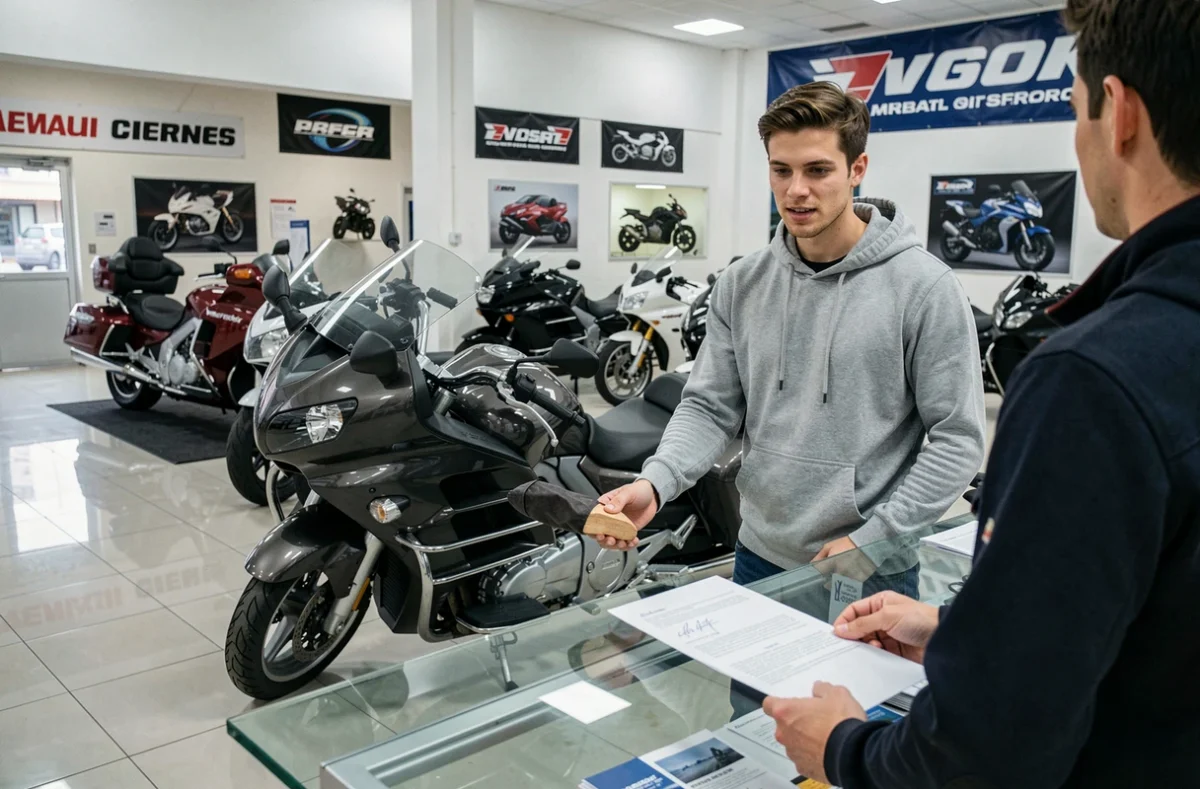 Client signant un nouveau contrat d'assurance moto chez un concessionnaire, changement d'assurance facilité par la loi Hamon