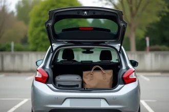 Coffre ouvert d'une Peugeot 208 avec bagages chargés dans un parking, illustrant la capacité réelle du coffre