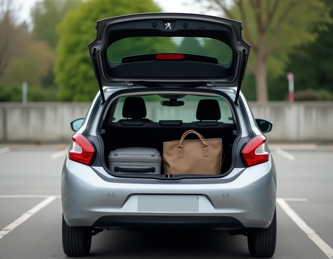 Coffre ouvert d'une Peugeot 208 avec bagages chargés dans un parking, illustrant la capacité réelle du coffre