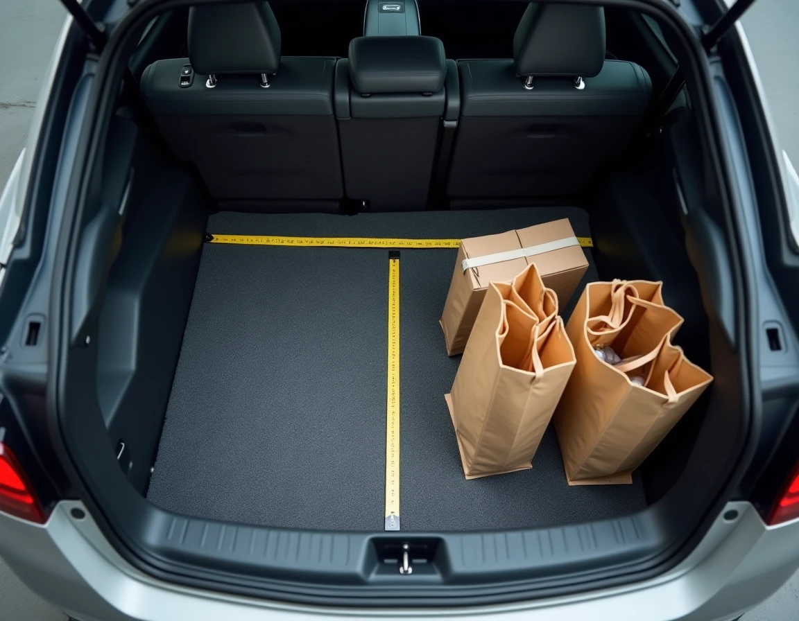 Vue de dessus du coffre d'une Peugeot 208 avec sièges rabattus et mètre ruban pour mesurer la capacité maximale