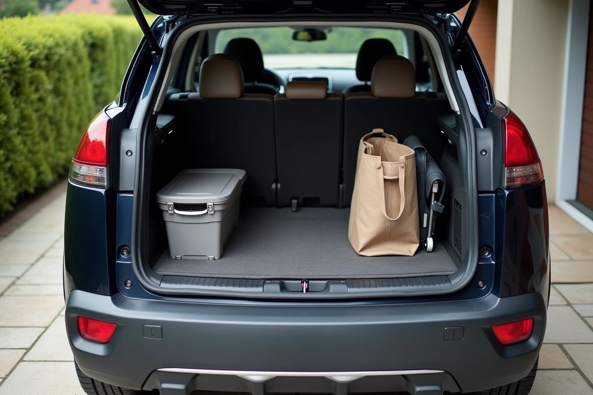 Coffre du Peugeot 3008 phase 2 ouvert avec organisation astucieuse de rangements au quotidien