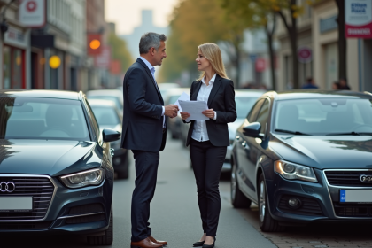 Homme et femme discutent assurance après collision en ville