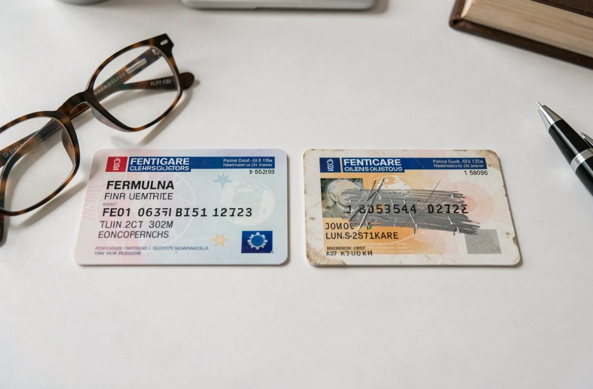 Comparaison de deux cartes d'identité françaises dont l'une présente un numéro de formule illisible posées sur un bureau avec des lunettes et un stylo