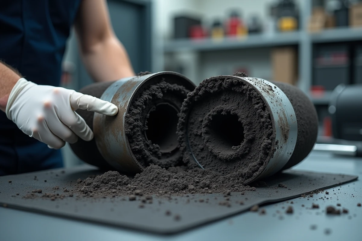Comparaison entre un filtre à particules diesel colmaté recouvert de suie et un filtre neuf posés sur un établi de garage