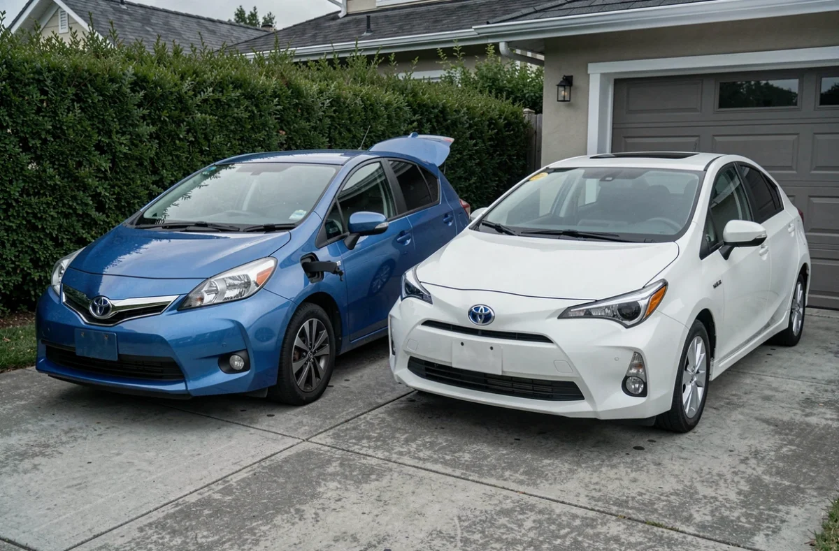 Comparaison côte à côte d'une voiture hybride rechargeable et d'une hybride classique auto-rechargeable garées dans une allée résidentielle