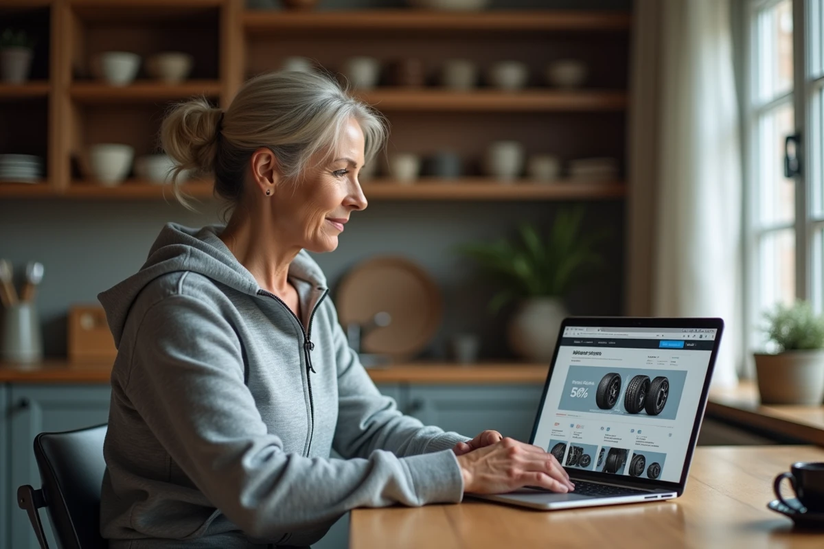 Femme comparant des pneus 365 sur un site internet depuis son domicile avant de valider son achat en ligne