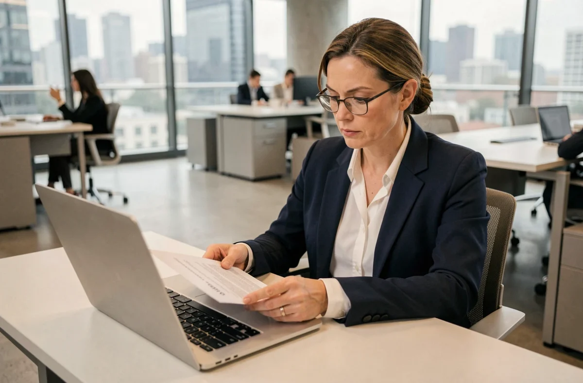 Professionnelle en blazer marine comparant des contrats d'assurance auto professionnelle sur ordinateur portable et documents imprimés dans un bureau moderne