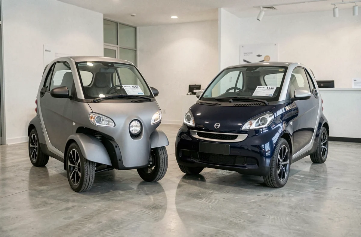 Deux modèles de voiturettes électriques exposés côte à côte dans une concession automobile