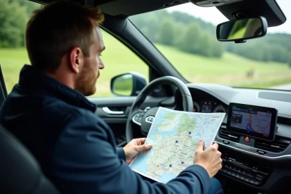Homme au volant regardant la carte et GPS dans une voiture