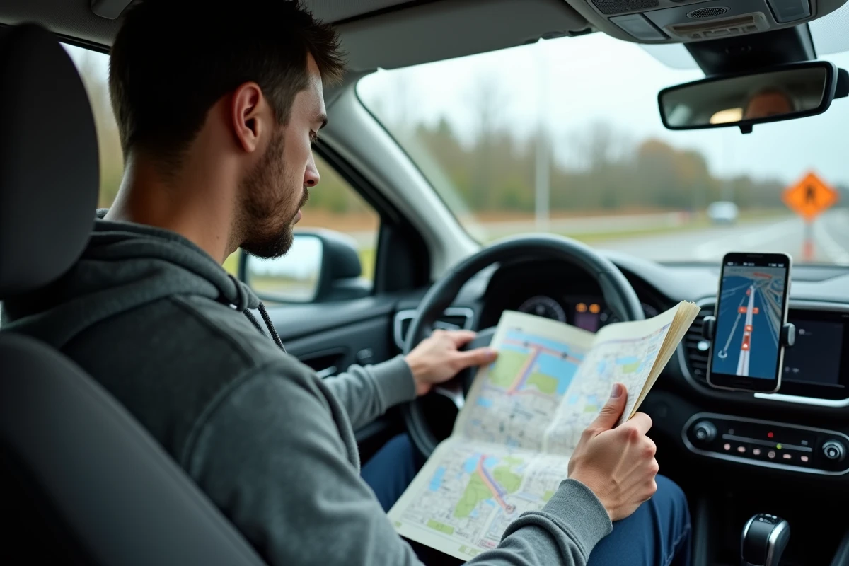 Conducteur en voiture consultant une carte et GPS pour planifier un itinéraire sur autoroute gratuite en France