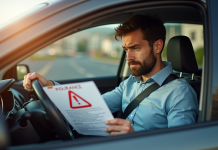 Conducteur inquiet avec document d'assurance en ville