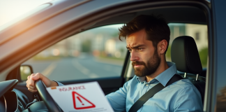 Conducteur inquiet avec document d'assurance en ville