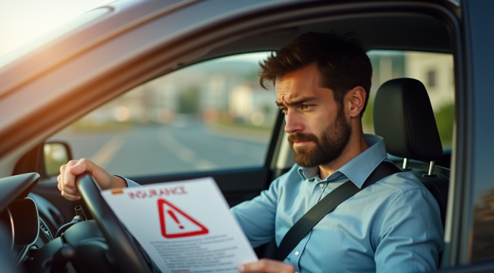 Conducteur inquiet avec document d'assurance en ville