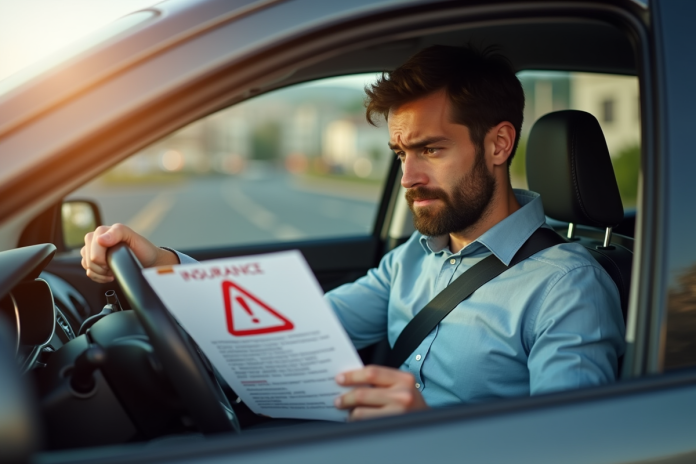 conducteur-inquiet-assurance-voiture Conducteur inquiet avec document d'assurance en ville