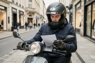 Conducteur de scooter consultant son document d'assurance obligatoire dans une rue urbaine européenne