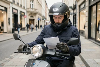 Conducteur de scooter consultant son document d'assurance obligatoire dans une rue urbaine européenne