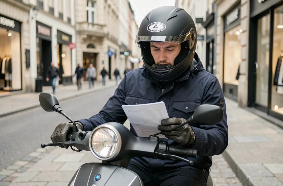 Conducteur de scooter consultant son document d'assurance obligatoire dans une rue urbaine européenne