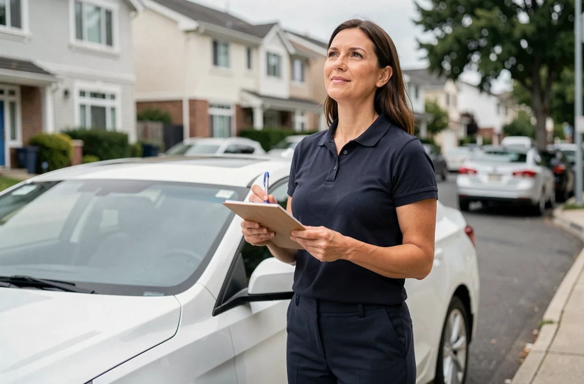 Conductrice employée comme opératrice radar privée complétant un rapport administratif debout près de son véhicule banalisé en zone urbaine