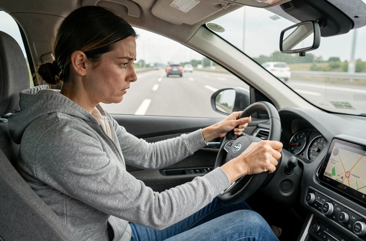 Conductrice ressentant des vibrations au volant sur autoroute, expression préoccupée en voiture