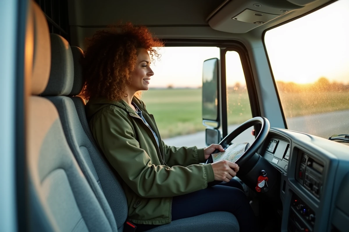 Femme au volant d'un camion de location Super U consultant une carte routière avant de prendre la route