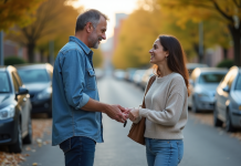 Homme remettant les clés à une femme souriante devant une voiture