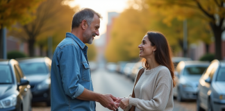 Homme remettant les clés à une femme souriante devant une voiture