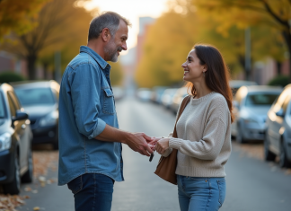 Conducteur assurance auto : qui peut conduire ma voiture ? Homme remettant les clés à une femme souriante devant une voiture
