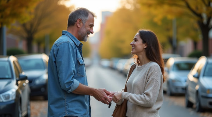 Conducteur assurance auto : qui peut conduire ma voiture ? Homme remettant les clés à une femme souriante devant une voiture