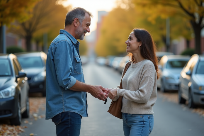 Homme remettant les clés à une femme souriante devant une voiture