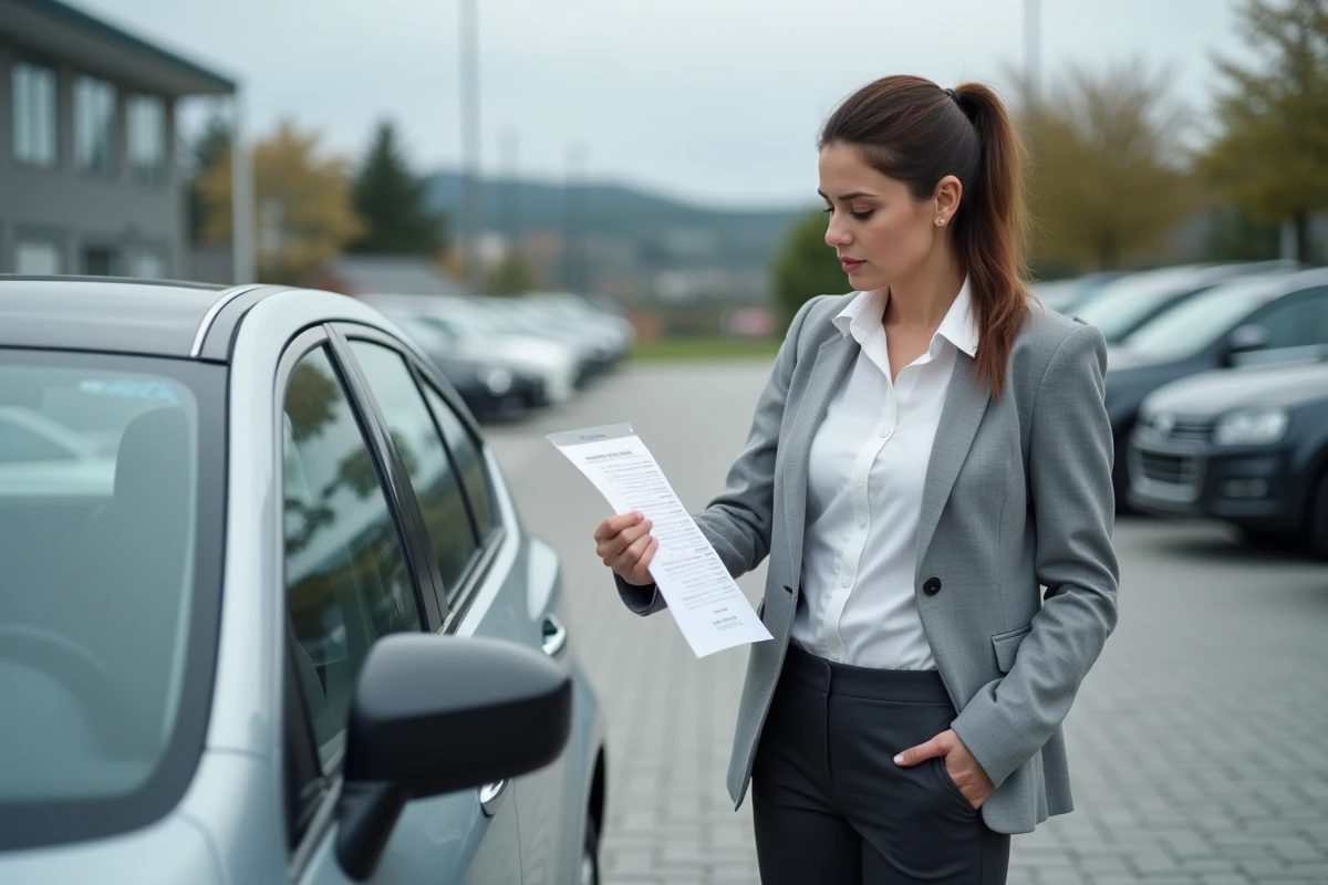Femme comparant la carte grise avec le numéro VIN d'une voiture dans un parking