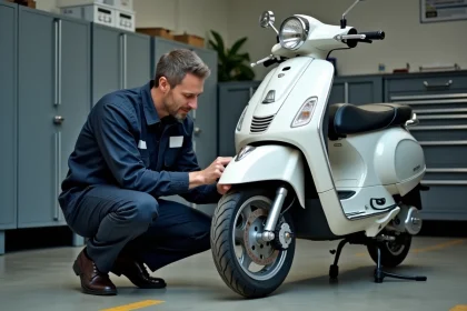 Mécanicien effectuant un contrôle technique sur un scooter 125 cm³ dans un garage d'inspection agréé