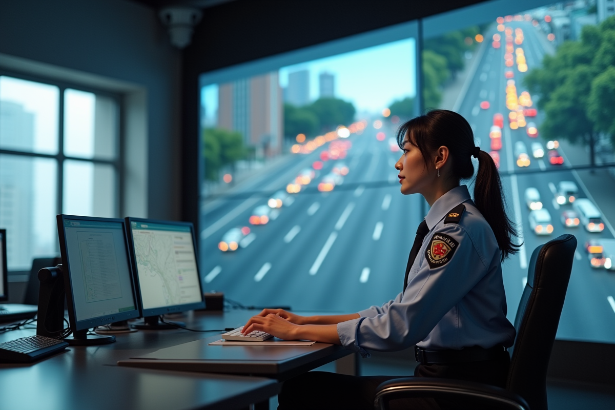 Employée municipale surveillant la circulation en centre