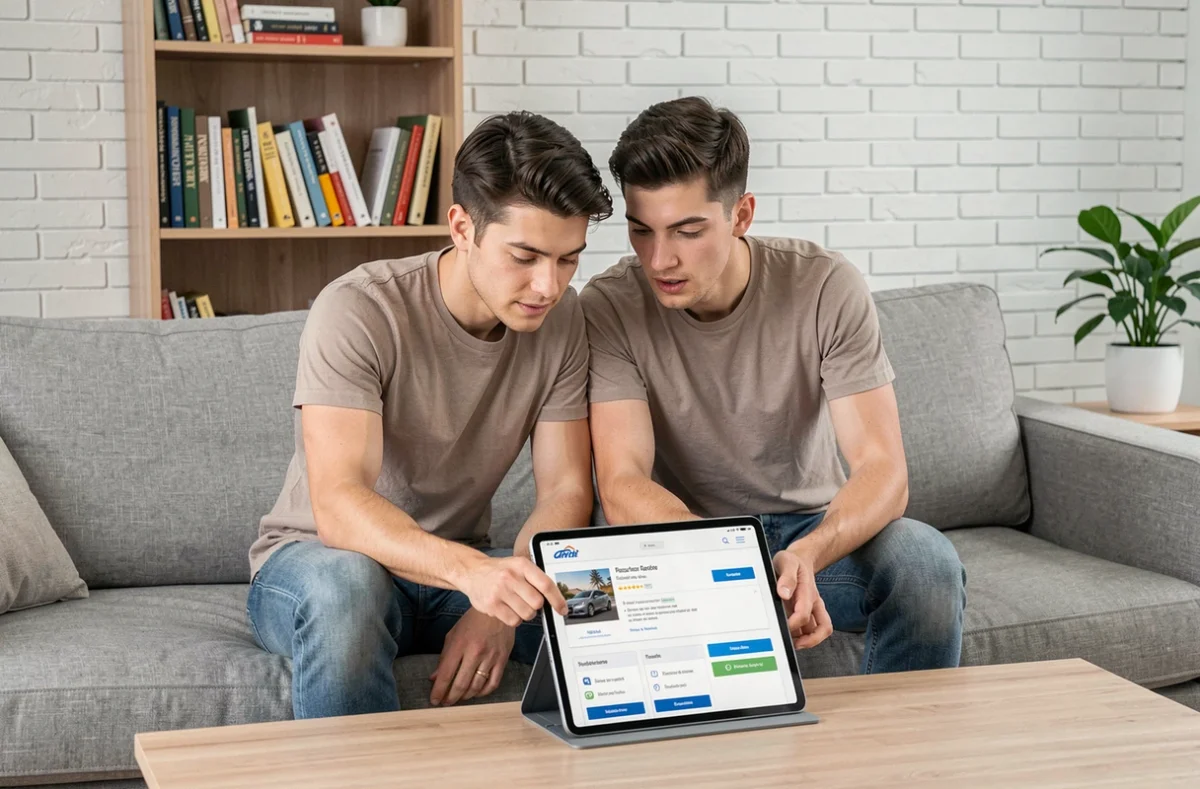 Couple souscrivant une assurance auto en ligne sans paiement immédiat sur une tablette dans leur salon