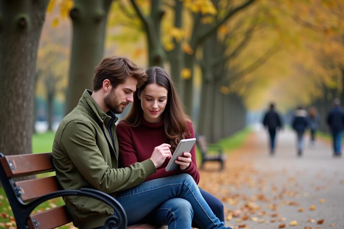 Couple lisant les actualit&eacute;s sur une tablette dans un parc urbain en automne