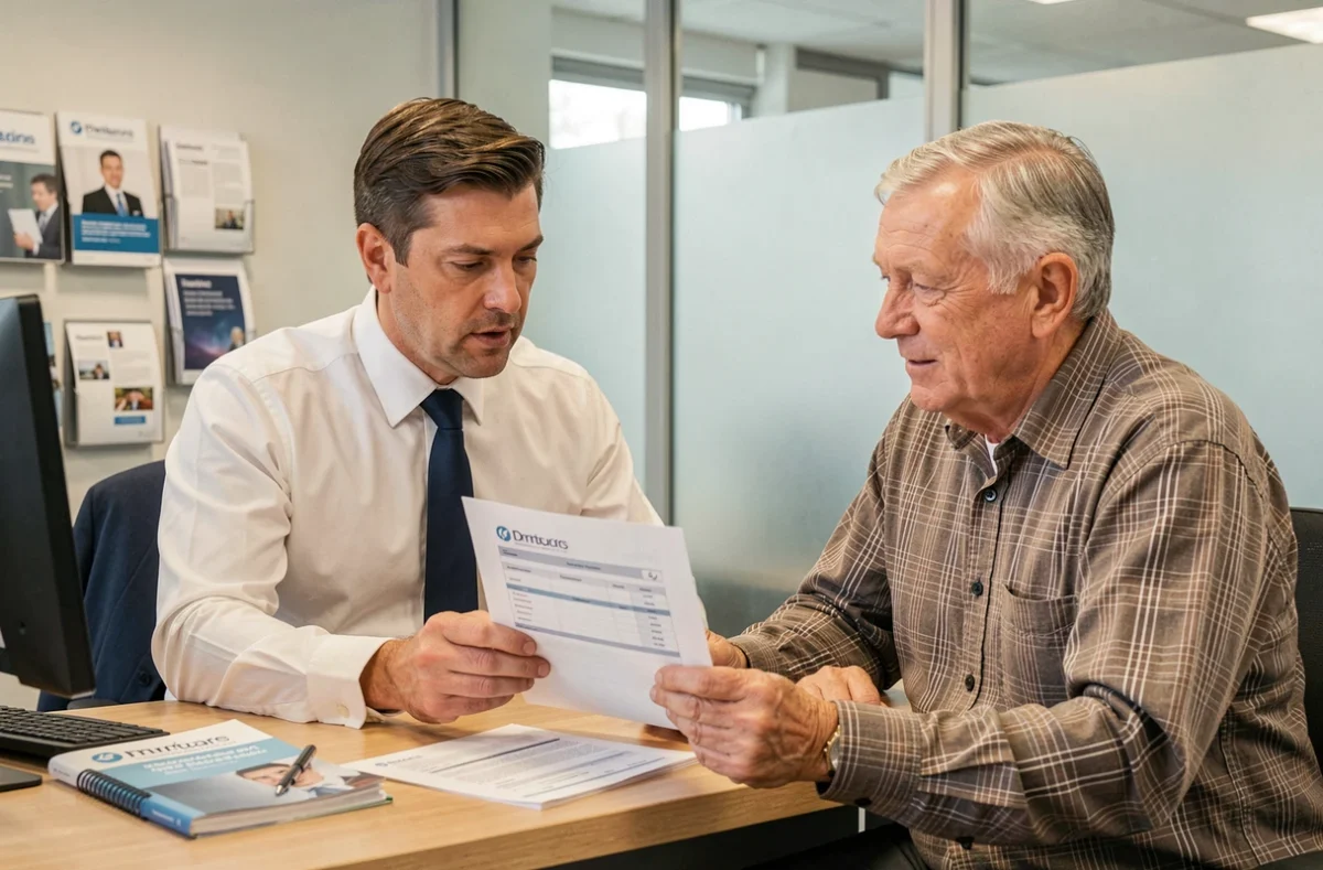 Courtier en assurance expliquant un contrat de voiture sans permis à un client senior