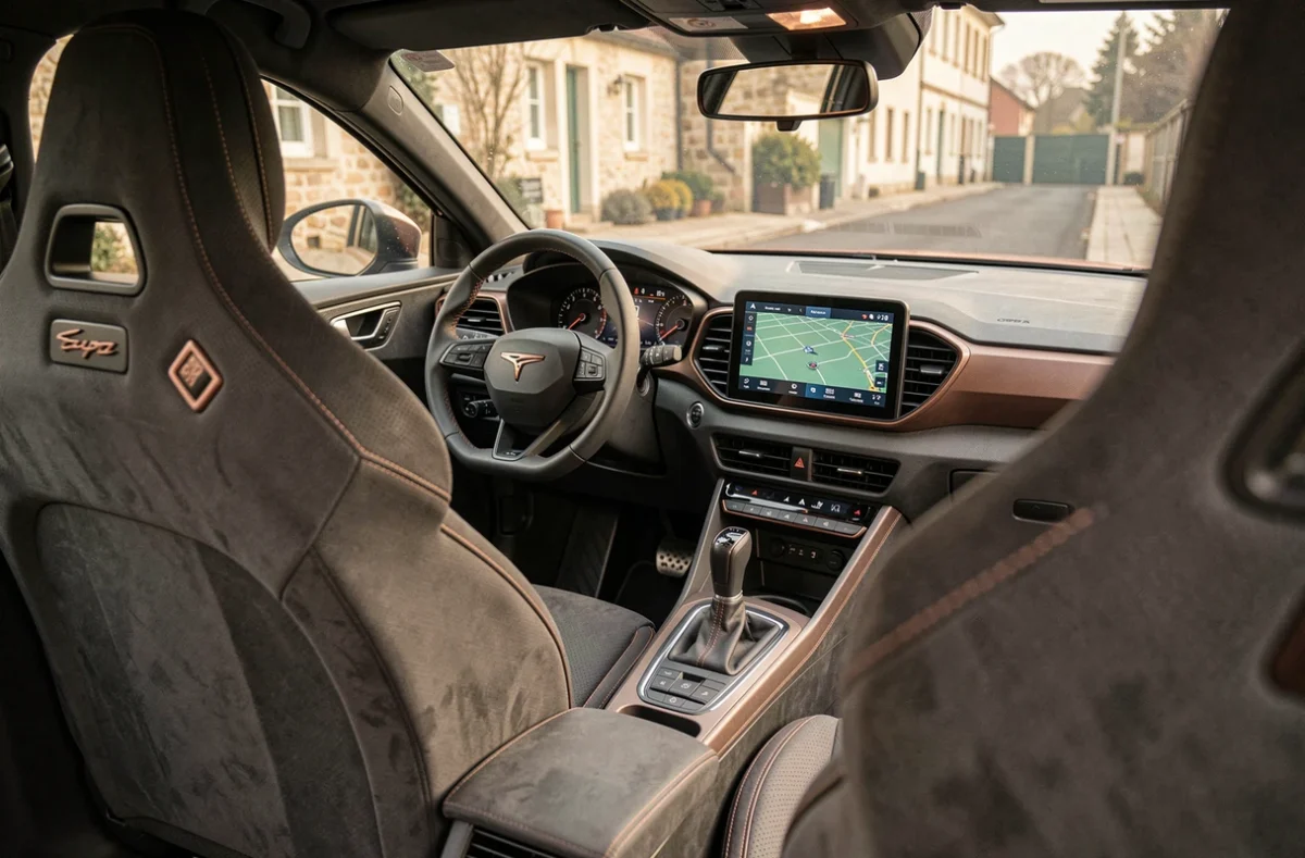 Intérieur du Cupra Formentor montrant les sièges sport en Alcantara, le volant à méplat et l'écran tactile 12 pouces