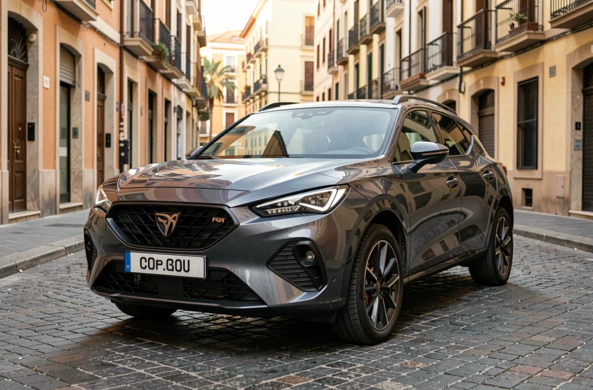 Cupra Formentor garé dans une rue urbaine de Barcelone, vue 3/4 avant mettant en valeur le design sportif et les feux signature