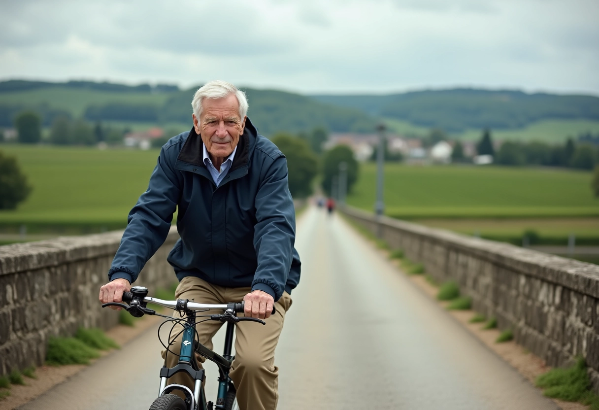 Homme âgé à vélo traverse un pont rural en Gironde