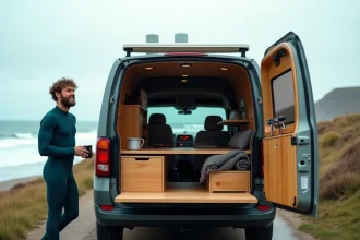 Dacia aménagée en camping-car pour surfeur avec rack de surf et intérieur bois, garée face à la plage atlantique