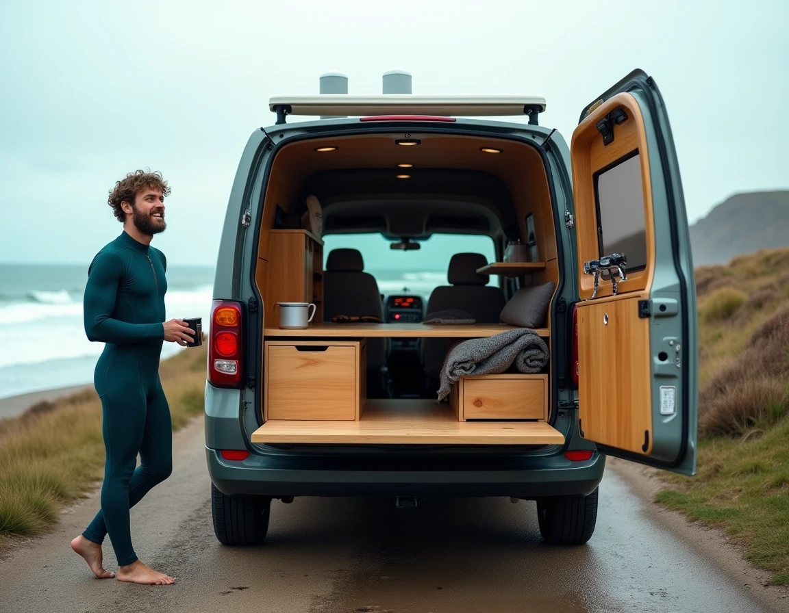 Dacia aménagée en camping-car pour surfeur avec rack de surf et intérieur bois, garée face à la plage atlantique