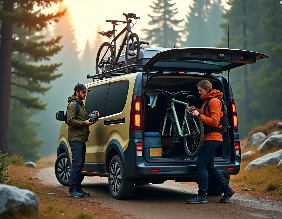 Camping-car Dacia avec vélos et surf au départ d'un sentier de montagne, équipement sportif pour aventure outdoor