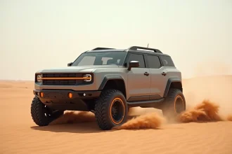 SUV concept Dacia tout-terrain robuste dans un environnement désertique avec des dunes de sable