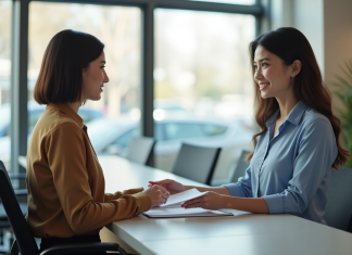 Jeune femme remettant un formulaire de permis à un agent