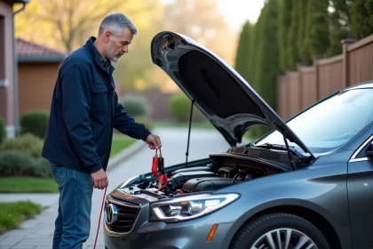Homme en jeans et veste regardant le moteur d'une voiture en démarrage