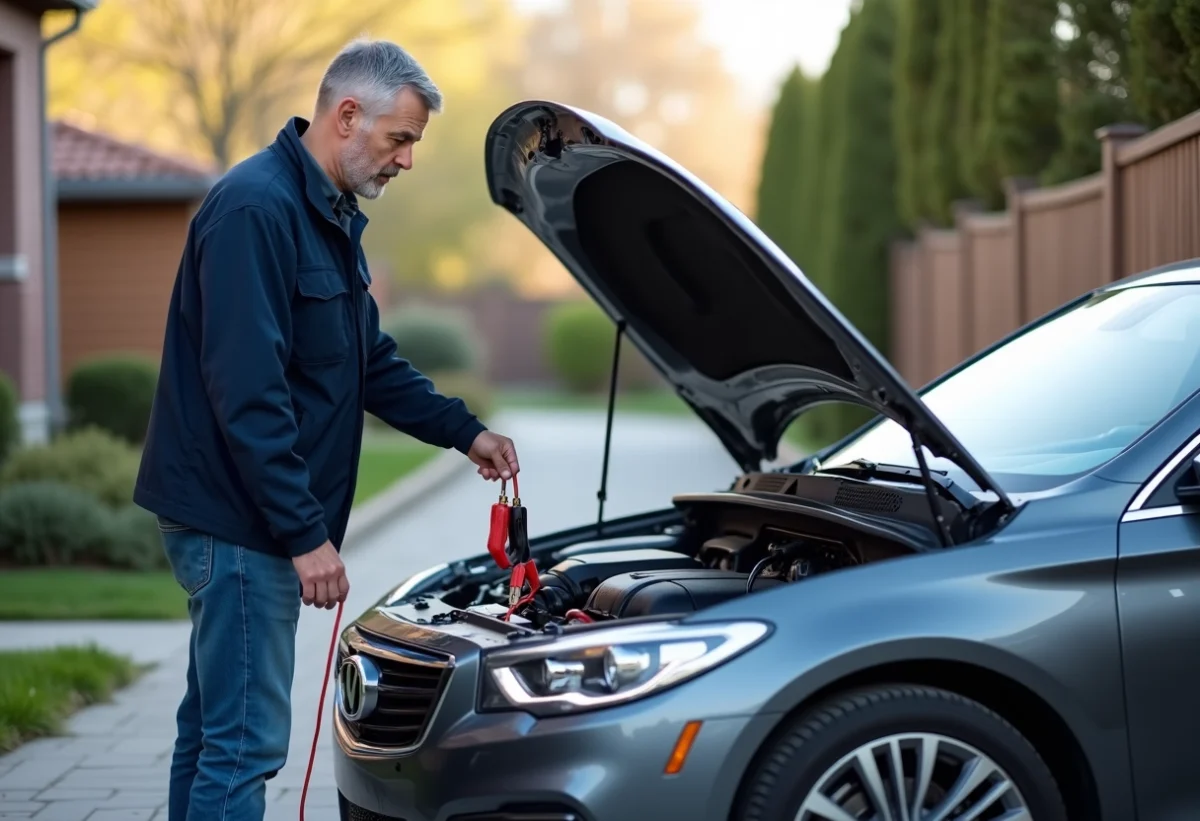 Homme en jeans et veste regardant le moteur d'une voiture en démarrage