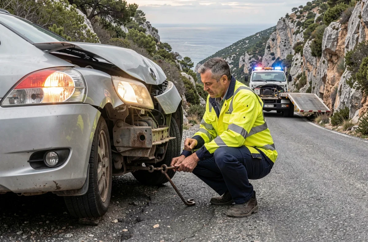 Technicien de dépannage accrochant un véhicule en panne sur une route de montagne corse pour le service Dépannage Automobile Corse D.A.C.