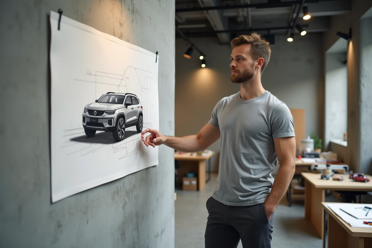 Designer automobile présentant un sketch de concept de crossover utilitaire dans un studio de design industriel
