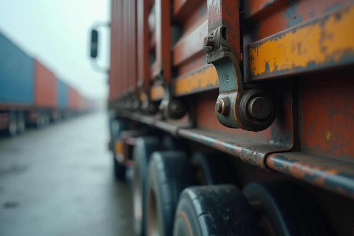 Gros plan sur un système d'arrimage à cliquet en acier fixé au rail de chargement d'un camion poids lourd